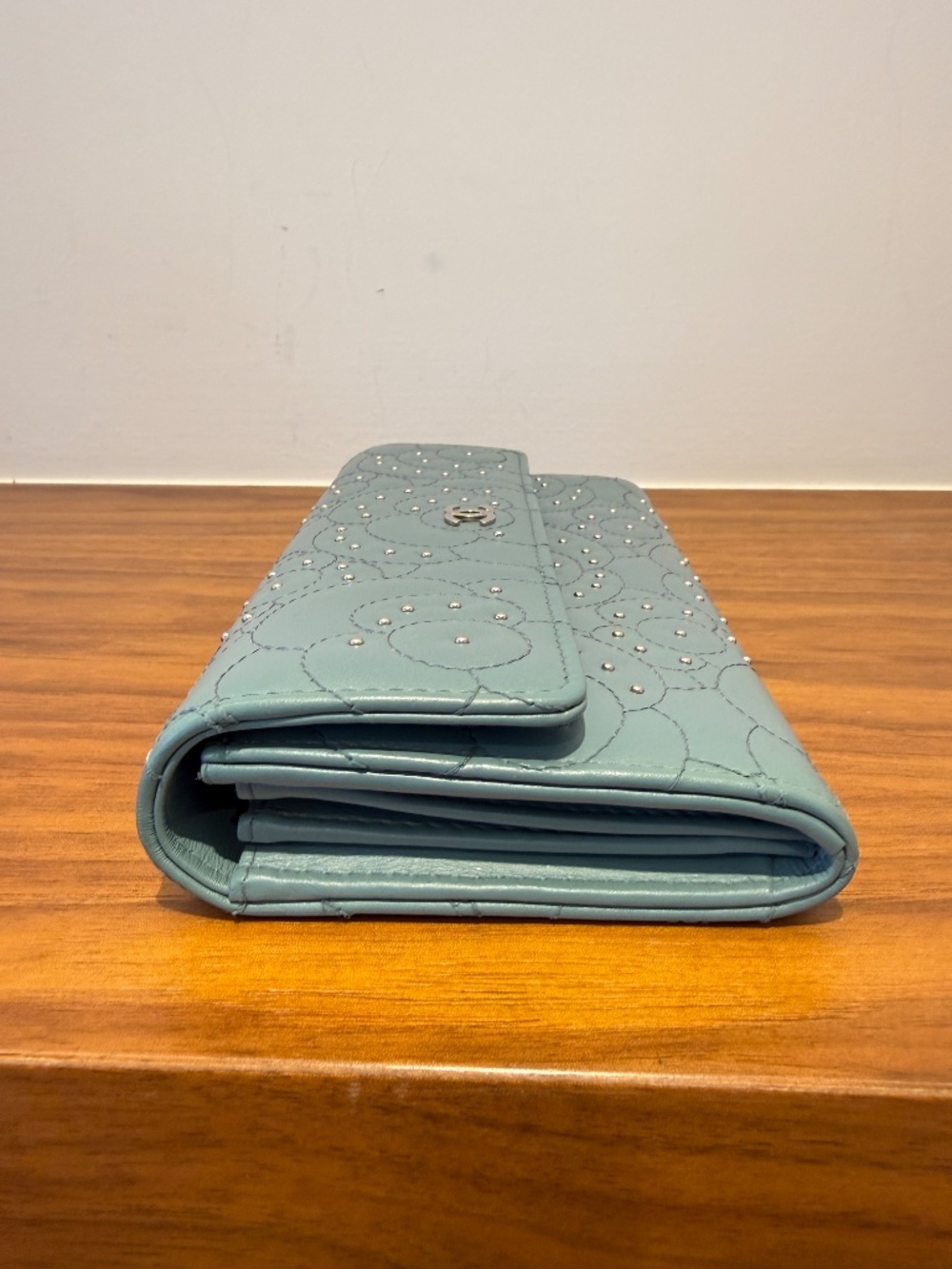 Chanel Lambskin Camellia Embossed Long Double Wallet with Studs in Blue - Picture 7 of 7